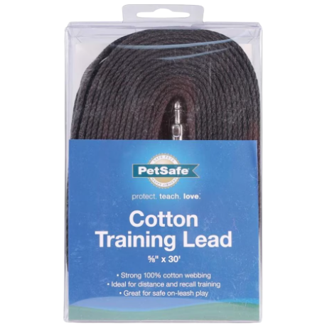 Black cotton training lead with durable 30-foot length for dog training in collars and leashes collection.