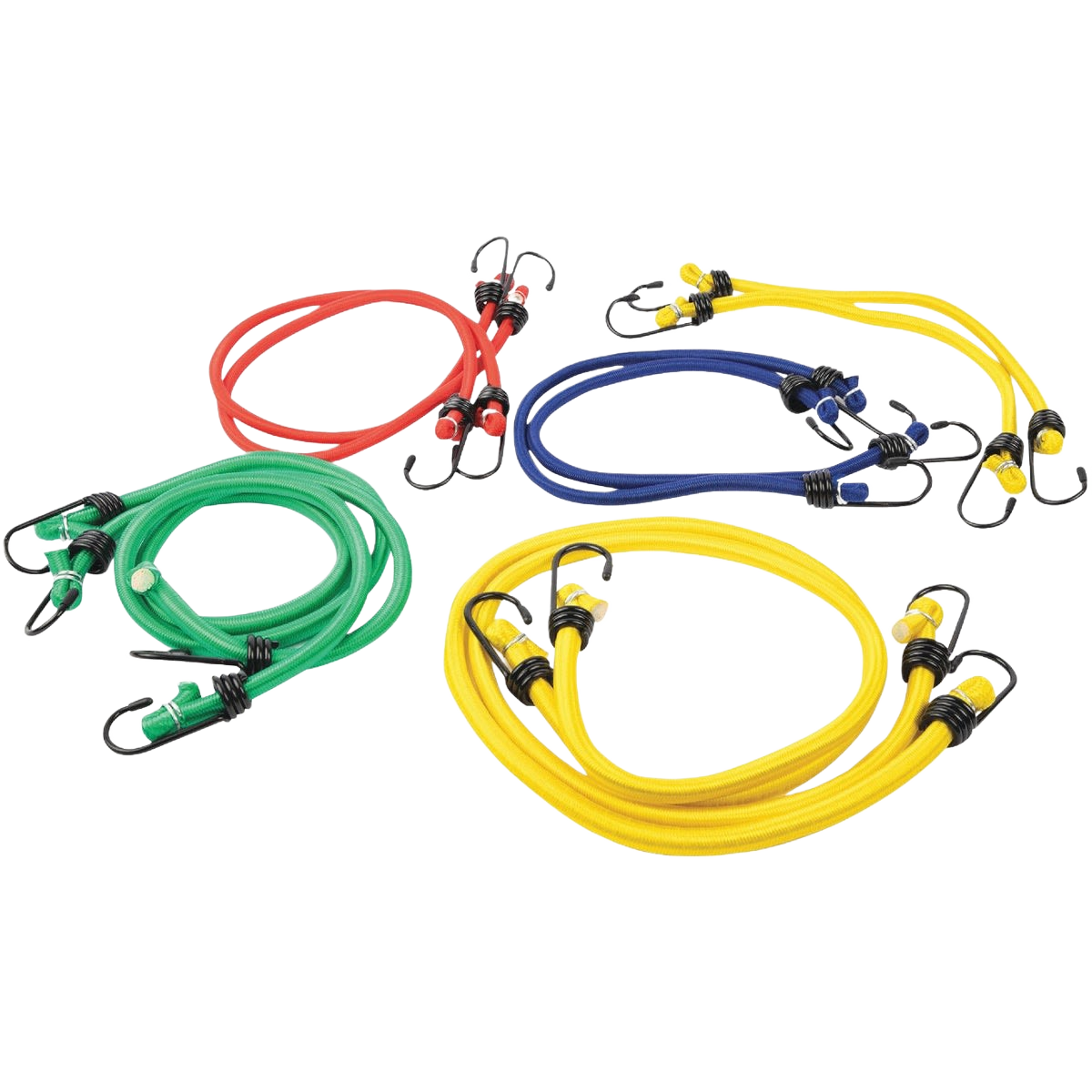 Set of assorted vinyl coated wire bungee cords in red, yellow, green, and blue with metal hooks for secure fastening.