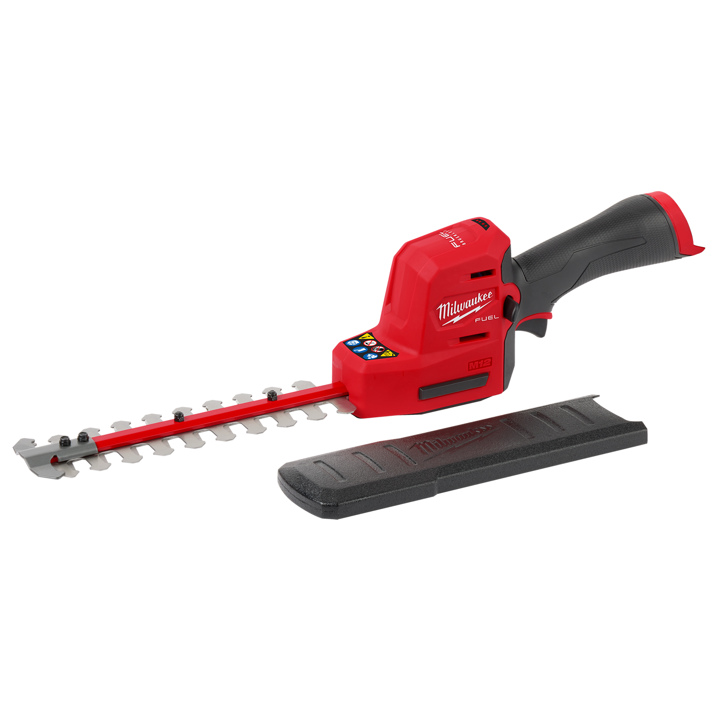 Compact red cordless hedge trimmer with ergonomic grip and protective blade cover for efficient home improvement trimming tasks