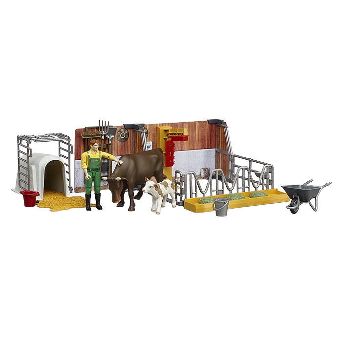 Farmer figure with brown cow and white calf near barn, feeding trough, wheelbarrow, and farm accessories set