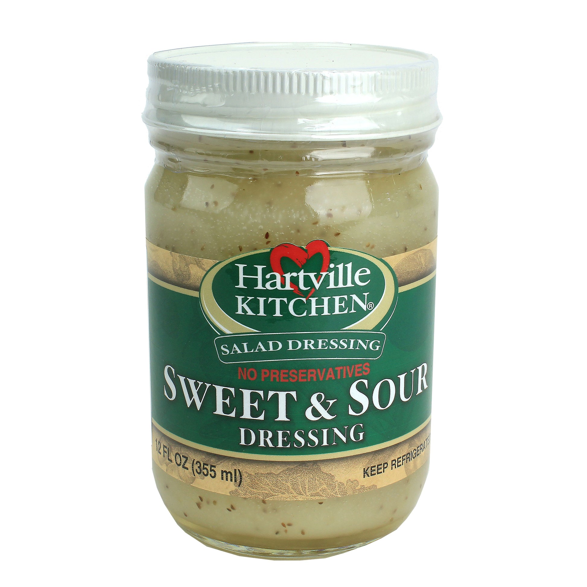 Glass jar of Hartville Kitchen sweet and sour salad dressing in green label from salad dressings and food collections under $50