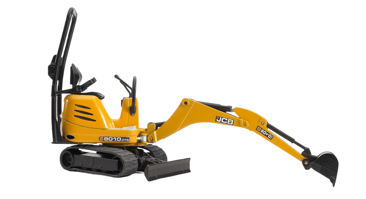 Yellow Bruder JCB micro excavator 8010 Cts toy with articulated digging arm and rubber tracks for home improvement play