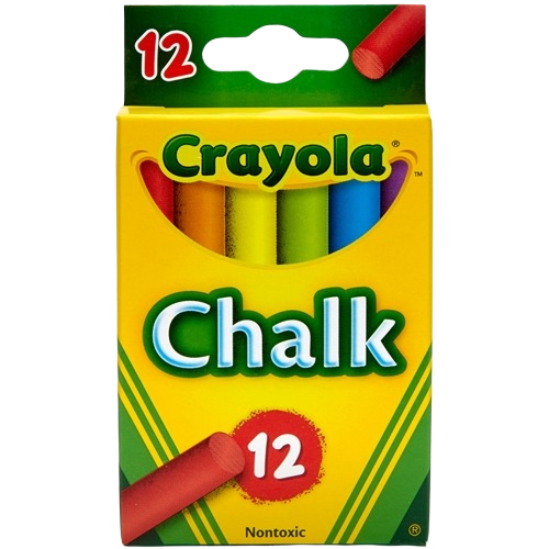 Box of 12 vibrant colored chalk sticks in a yellow and green package for drawing and creative projects