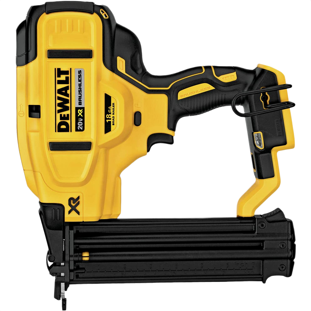 Cordless yellow and black brad nailer with ergonomic grip and brushless motor for tools and home improvement use