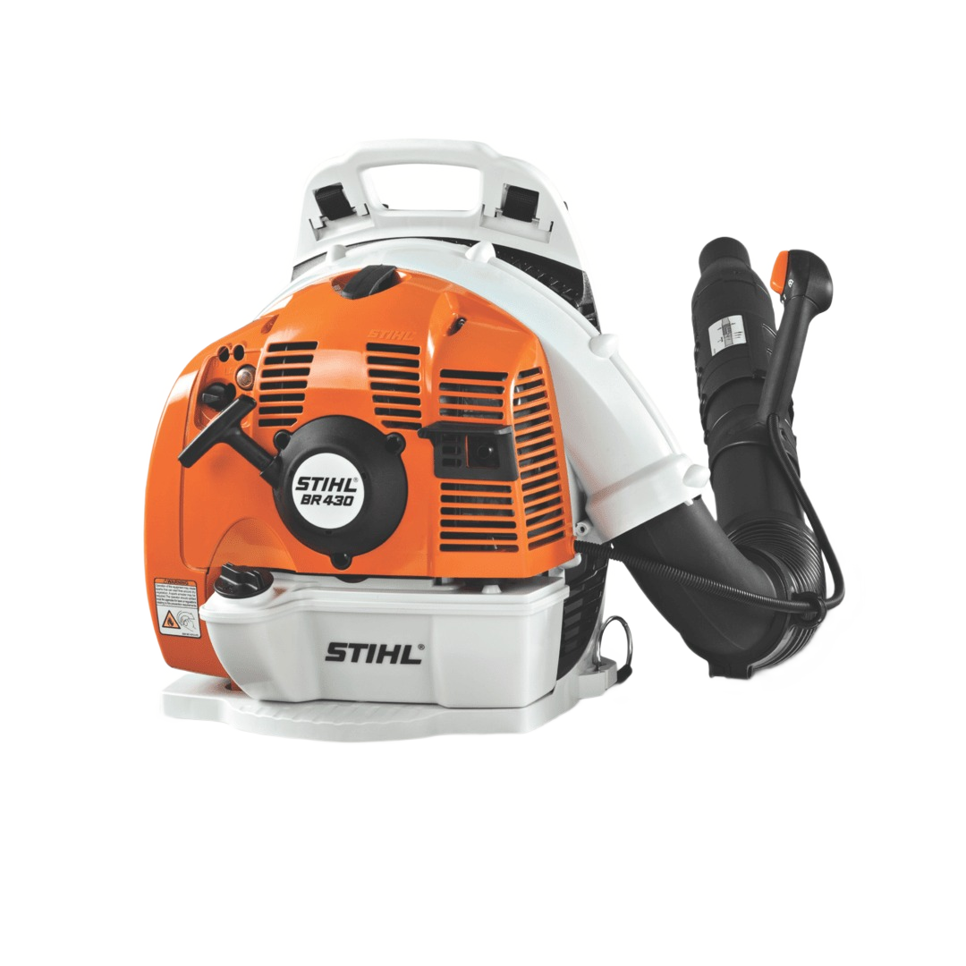 Orange and white professional backpack blower with ergonomic black tube and control handle for outdoor tool use