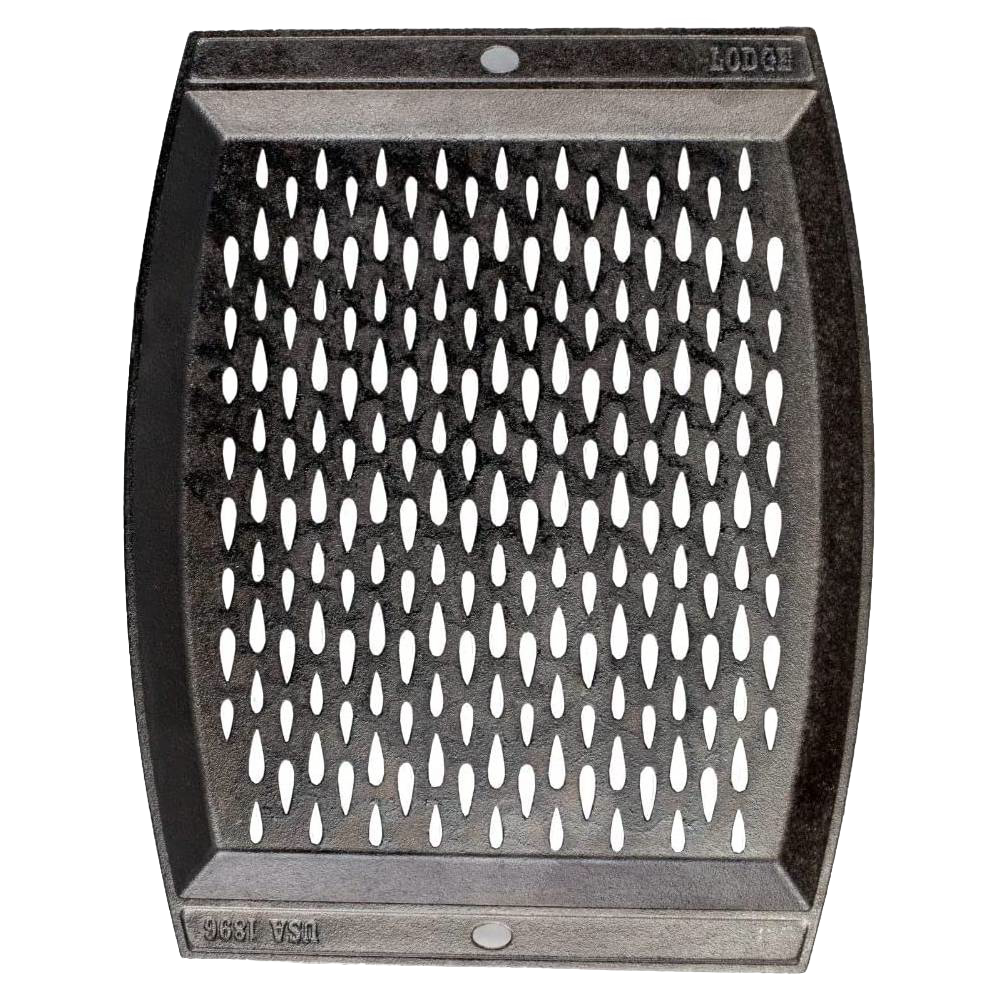 Cast iron grill topper with elongated ventilation holes designed for even heat and cooking in kitchenware collections