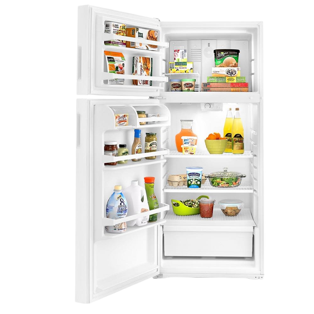 Open white refrigerator with top freezer compartment, dairy bin, multiple shelves, and crisper drawer in kitchen appliances collection