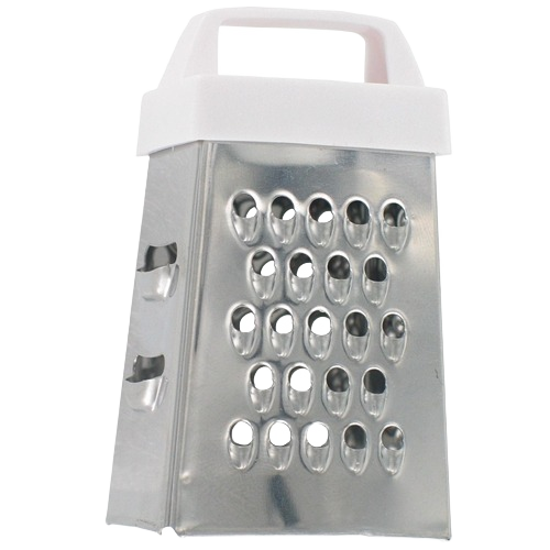 Compact stainless steel grater with white handle, featuring multiple grating surfaces for versatile kitchen use under $50