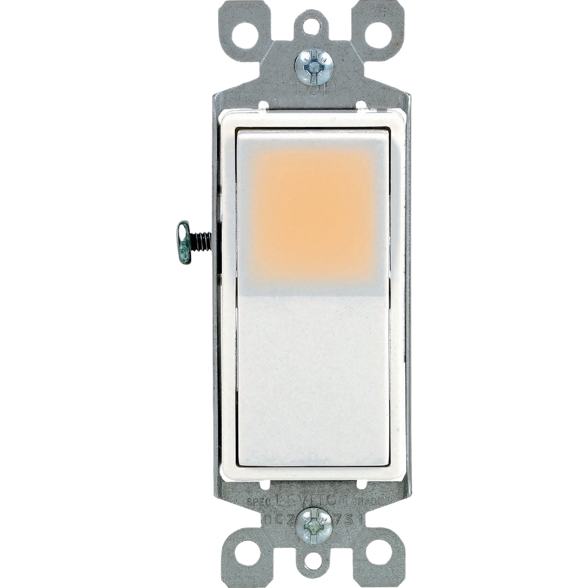 White illuminated rocker switch with metal mounting bracket for single pole electrical installations in home improvement projects