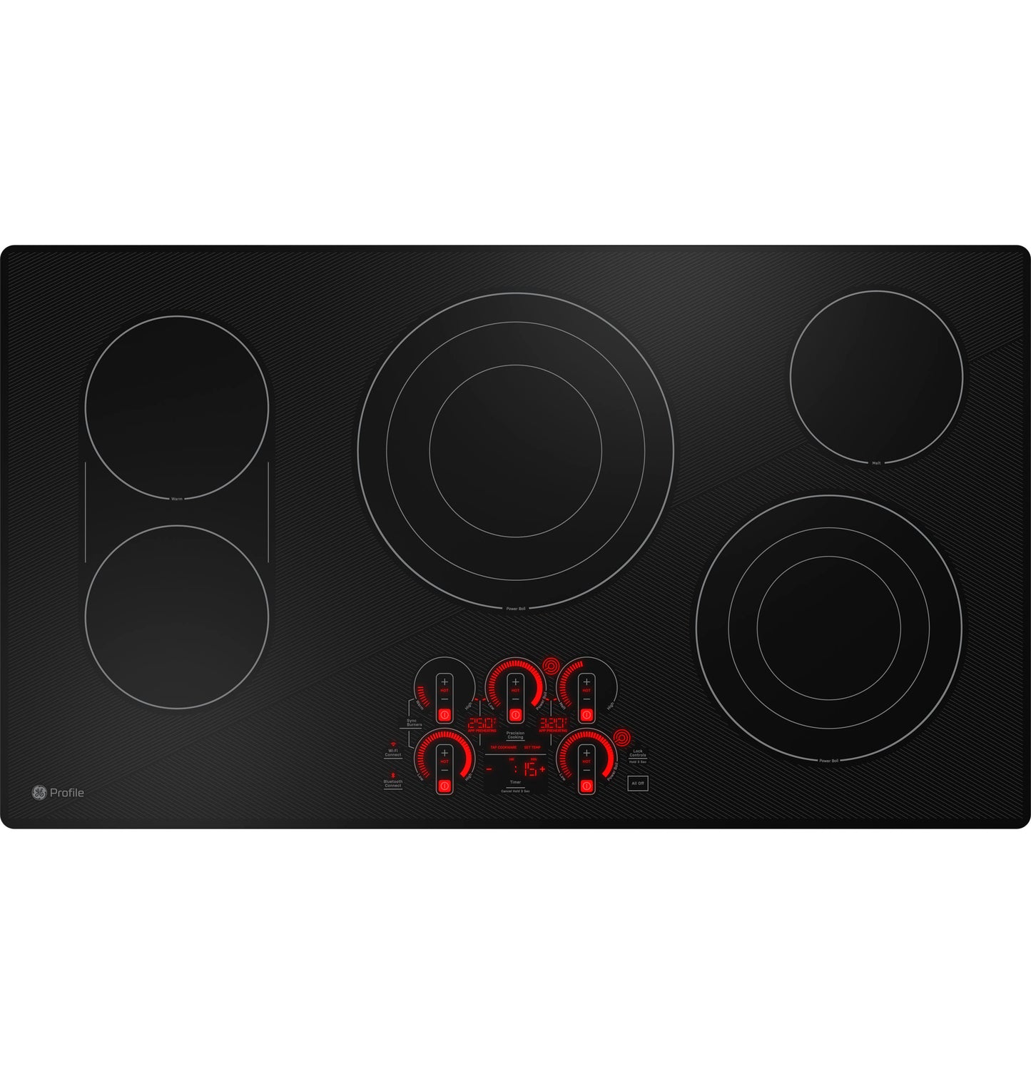 Black glass cooktop with five heating zones and digital touch controls in modern kitchen appliance collection