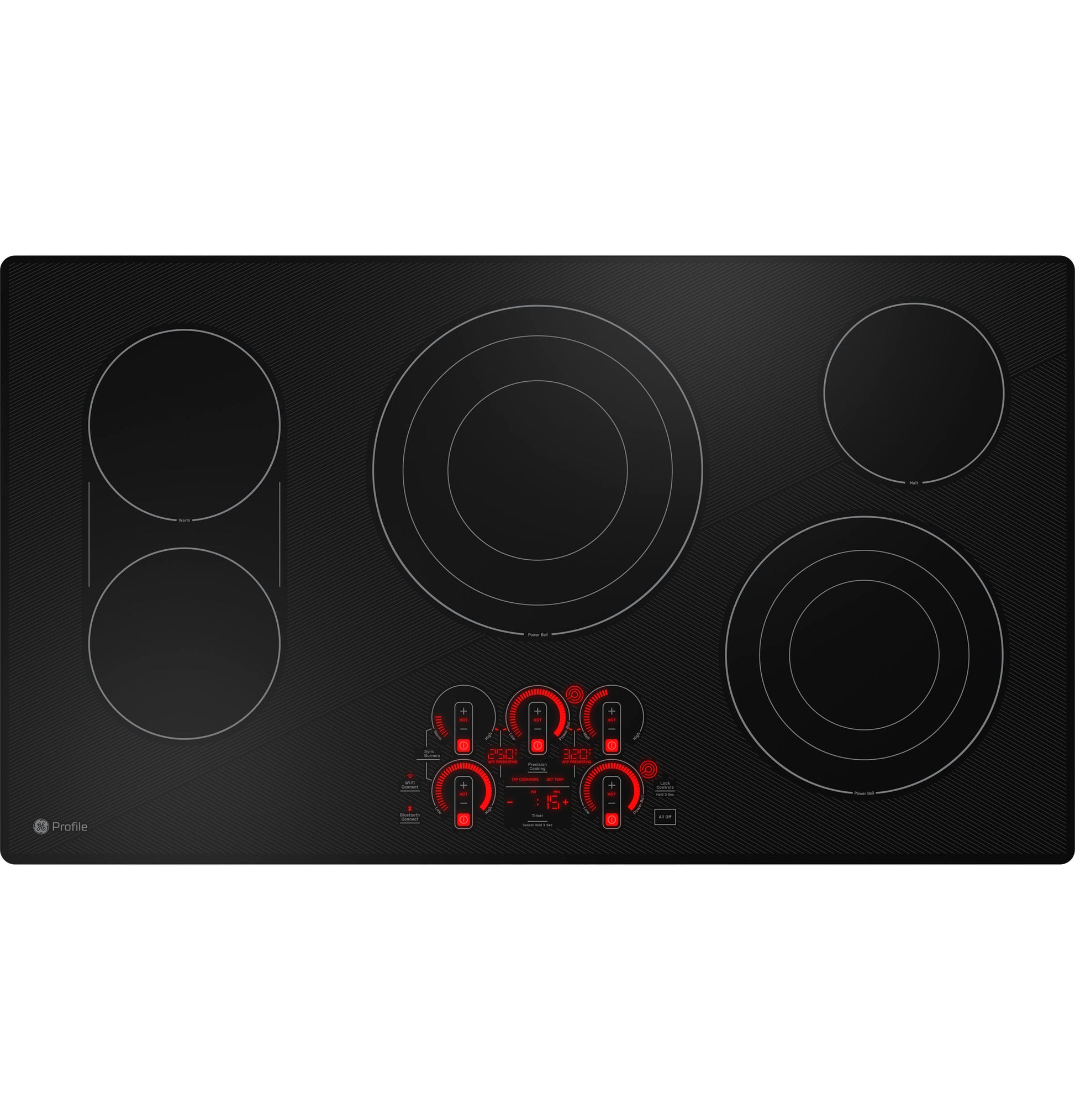 Black glass cooktop with five heating zones and digital touch controls in modern kitchen appliance collection