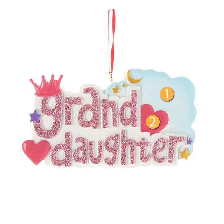 Pink glitter "granddaughter" Christmas ornament with hearts, stars, and princess crown for holiday tree decoration under $50