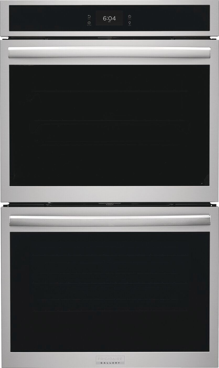 Stainless steel double electric wall oven with digital clock and sleek handles from Wall Ovens collection
