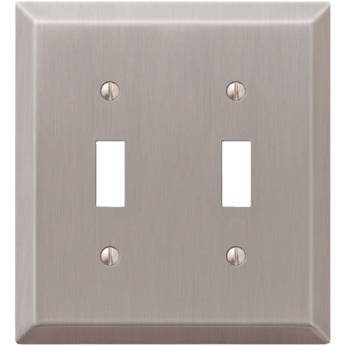 Brushed nickel 2-gang toggle switch wall plate made of stamped steel for electrical and home improvement projects