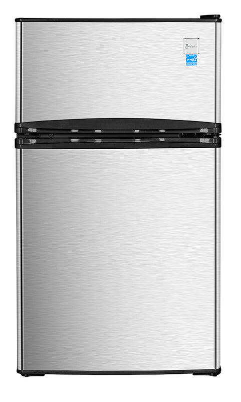 Compact two-door counterhigh refrigerator in stainless steel finish for kitchen and appliance collections