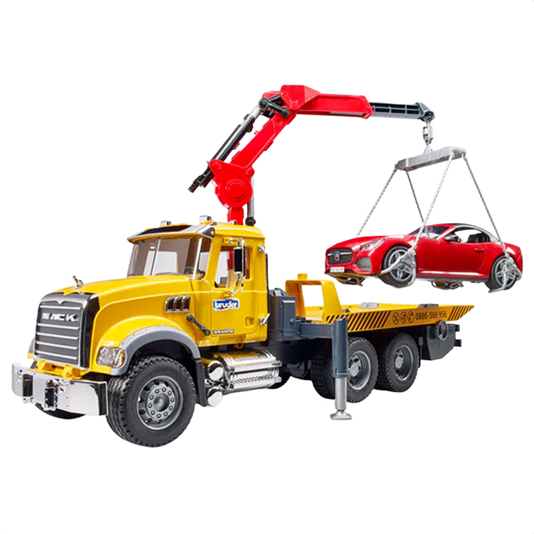 Yellow toy tow truck with red crane lifting a red roadster for kids' play and vehicle rescue simulation