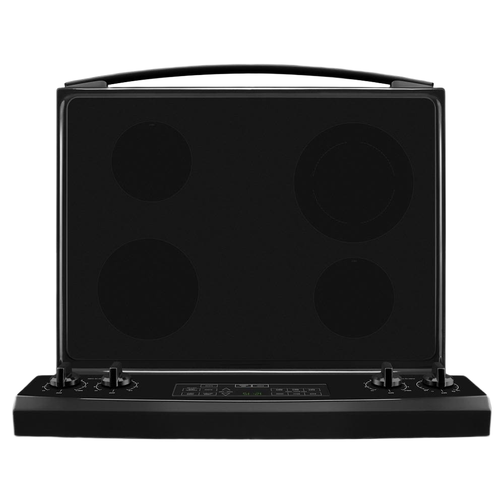 30-inch black electric range cooktop with four radiant burners and electronic control knobs in kitchen appliances collection