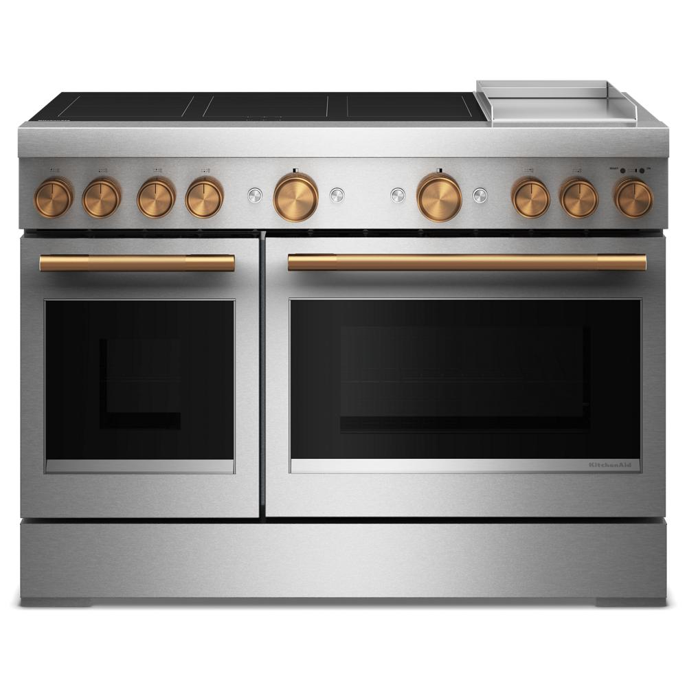 Stainless steel 48-inch induction range with six bronze control knobs and dual ovens in Kitchen appliances collection