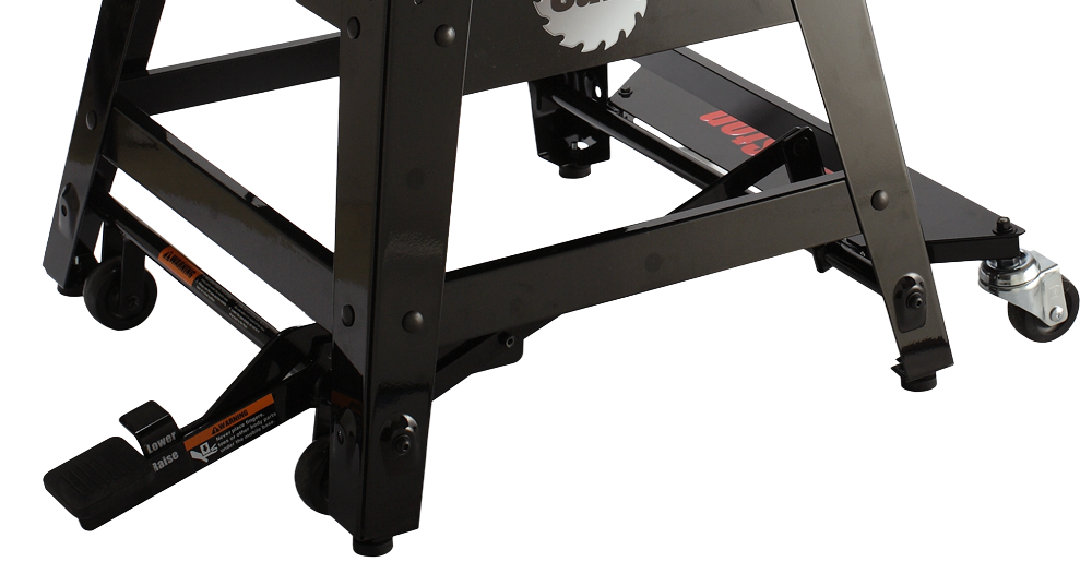 Black metal mobile base with caster wheels and foot pedal for workshop tool mobility and organization.