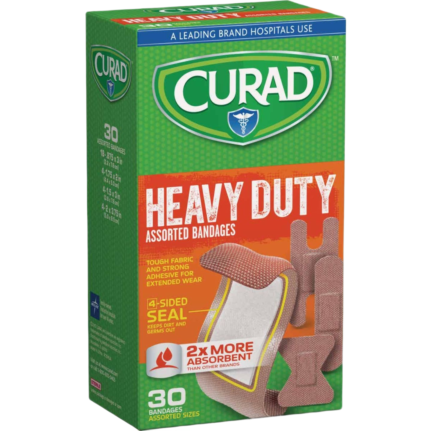 Box of Curad heavy duty assorted bandages with tough fabric and four-sided seal for health and beauty care use