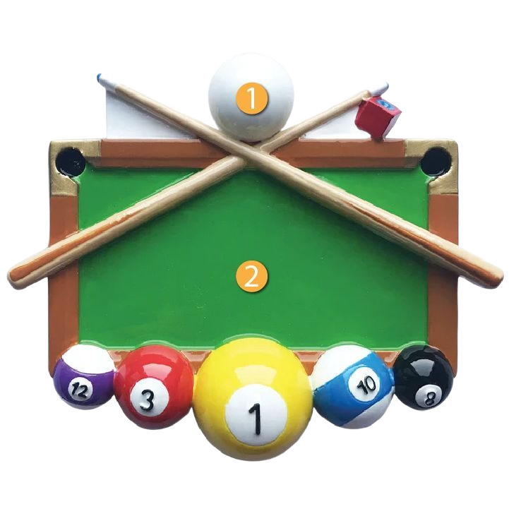 Green billiards table ornament with crossed pool cues and colorful balls for Christmas Ornaments & Tree Decorations collection