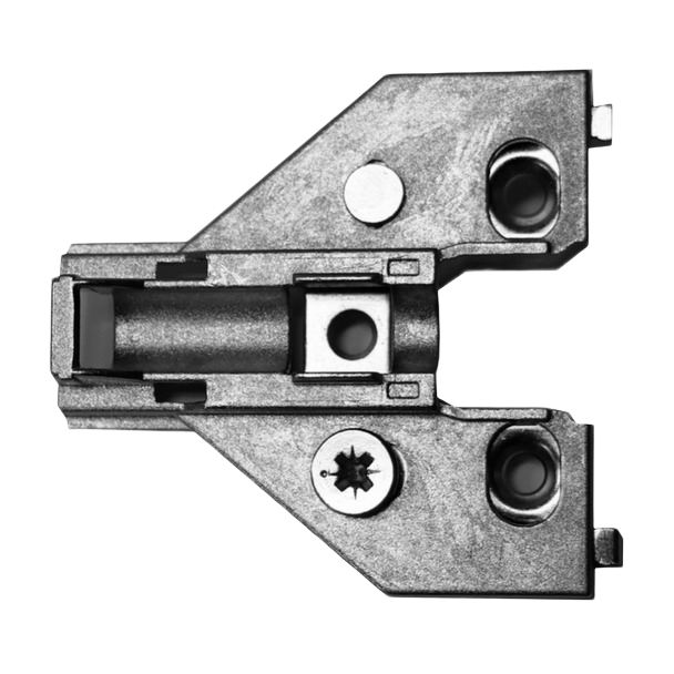 Metal hinge plate with screw holes designed for frameless cabinet face frame installation in home improvement projects