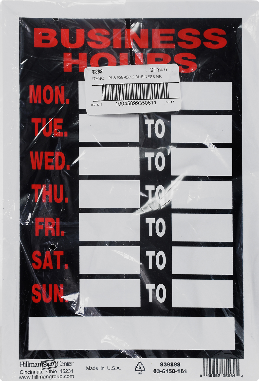 Hillman Business Hours Sign Black and Red (8" x 12")