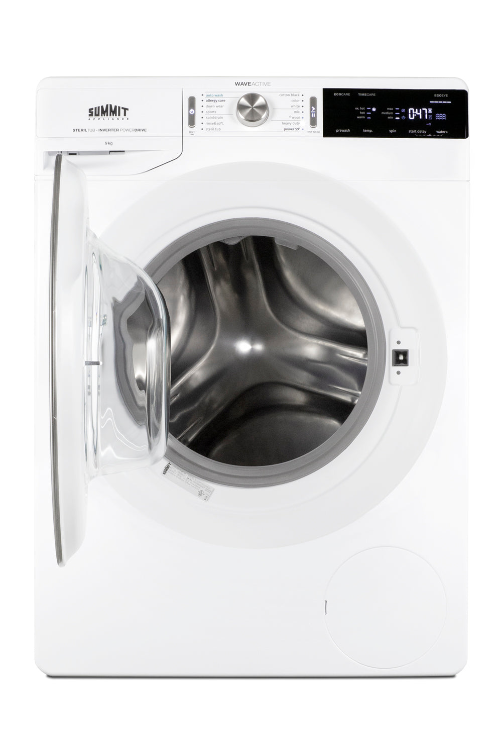 White front load washer with open door, digital display, and control knob in modern appliance design for laundry care