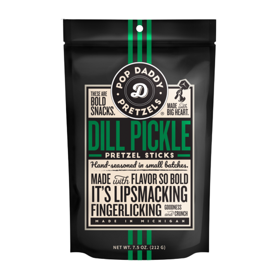 Black resealable bag of hand-seasoned dill pickle flavored pretzel sticks with bold branding and product details visible
