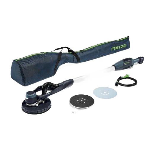 Long drywall sander with detachable sanding discs, power cord, and carrying bag for home improvement and tool use