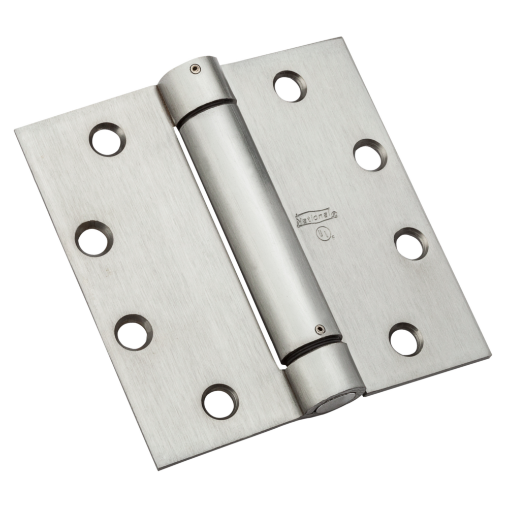 Brushed metal spring hinge with multiple mounting holes designed for automatic door closing in home improvement projects
