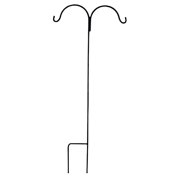Black offset double hook made of metal for garden or home improvement projects with curved ends and planted stake base