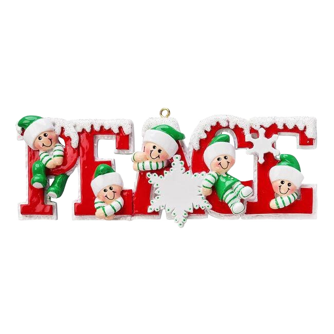 Red "Peace" ornament with playful elves and snow accents, part of Christmas Ornaments & Tree Decorations under $50 collection