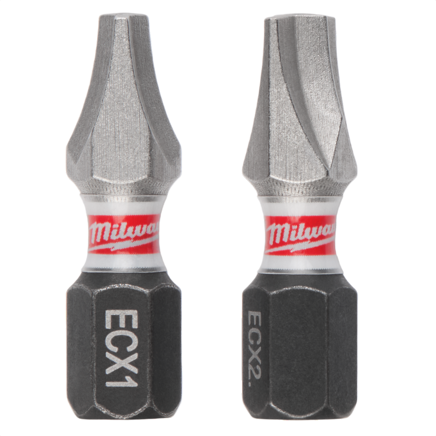 Two 1-inch Milwaukee impact driver bits with ECX design for power tool accessories and home improvement tasks
