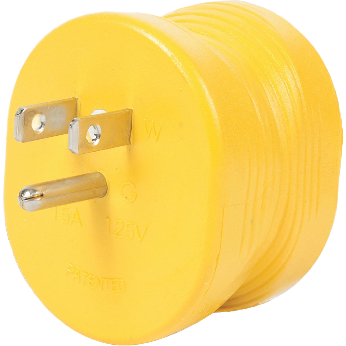 Yellow 15-amp male plug adapter with grounded prongs for RV power connection in tools and home improvement tasks
