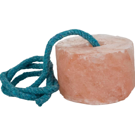 Natural pink Himalayan rock salt lick with blue rope, suitable for farm animal and livestock supplies.