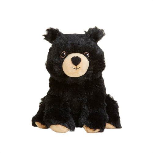 Soft microwavable plush black bear with tan snout and paw accents for comforting warmth and cuddling