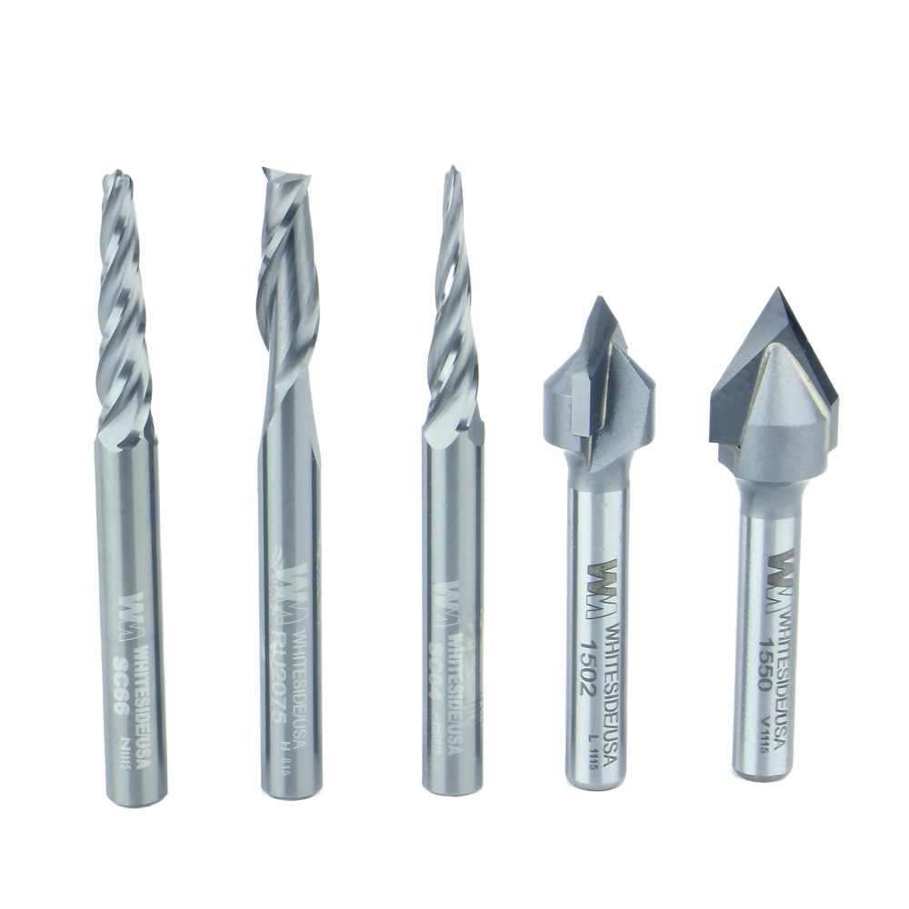 Set of five CNC router bits with steel construction for carving and engraving in tool accessories and woodworking collections