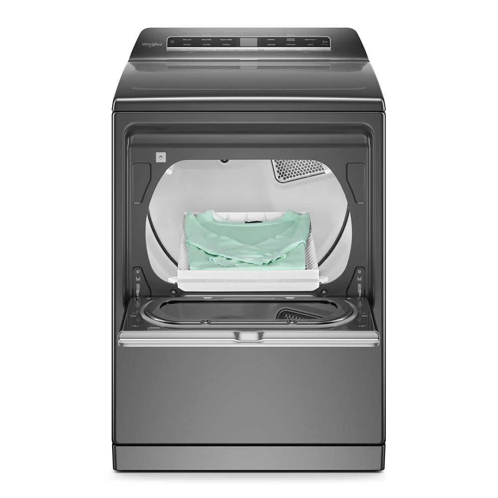Dark gray top load gas dryer with open door showing interior and folded clothes in appliances and Dryers collection