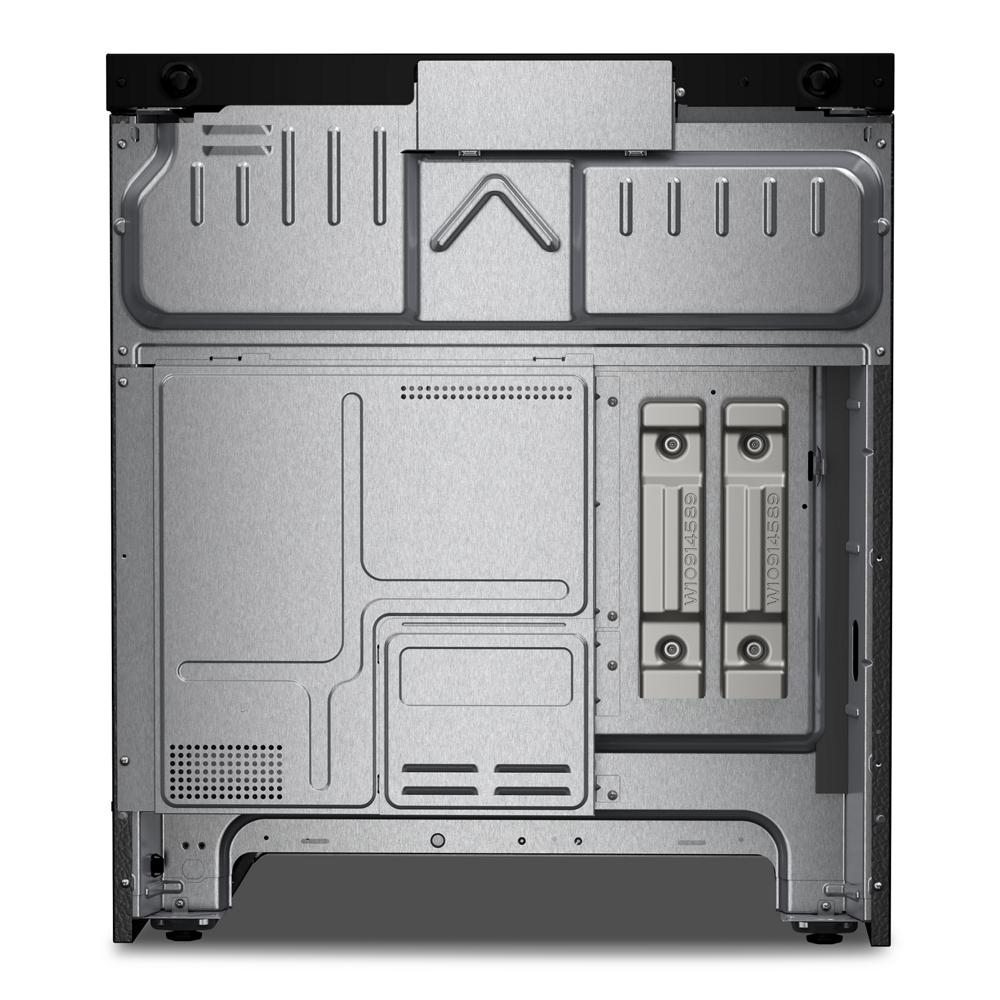 bottom view of stainless steel electric range showing vent panels and structural components for kitchen appliances