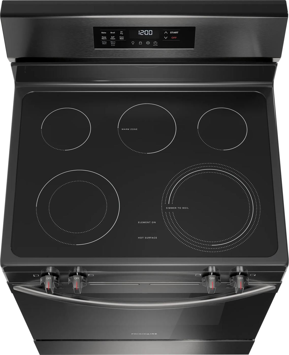 black electric range cooktop with four radiant heating elements and digital control panel in kitchen appliances collection