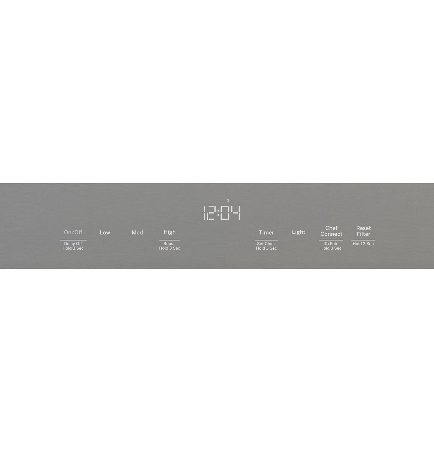Digital control panel on stainless steel range hood with timer, light, fan speeds, and filter reset functions for kitchen appliances.