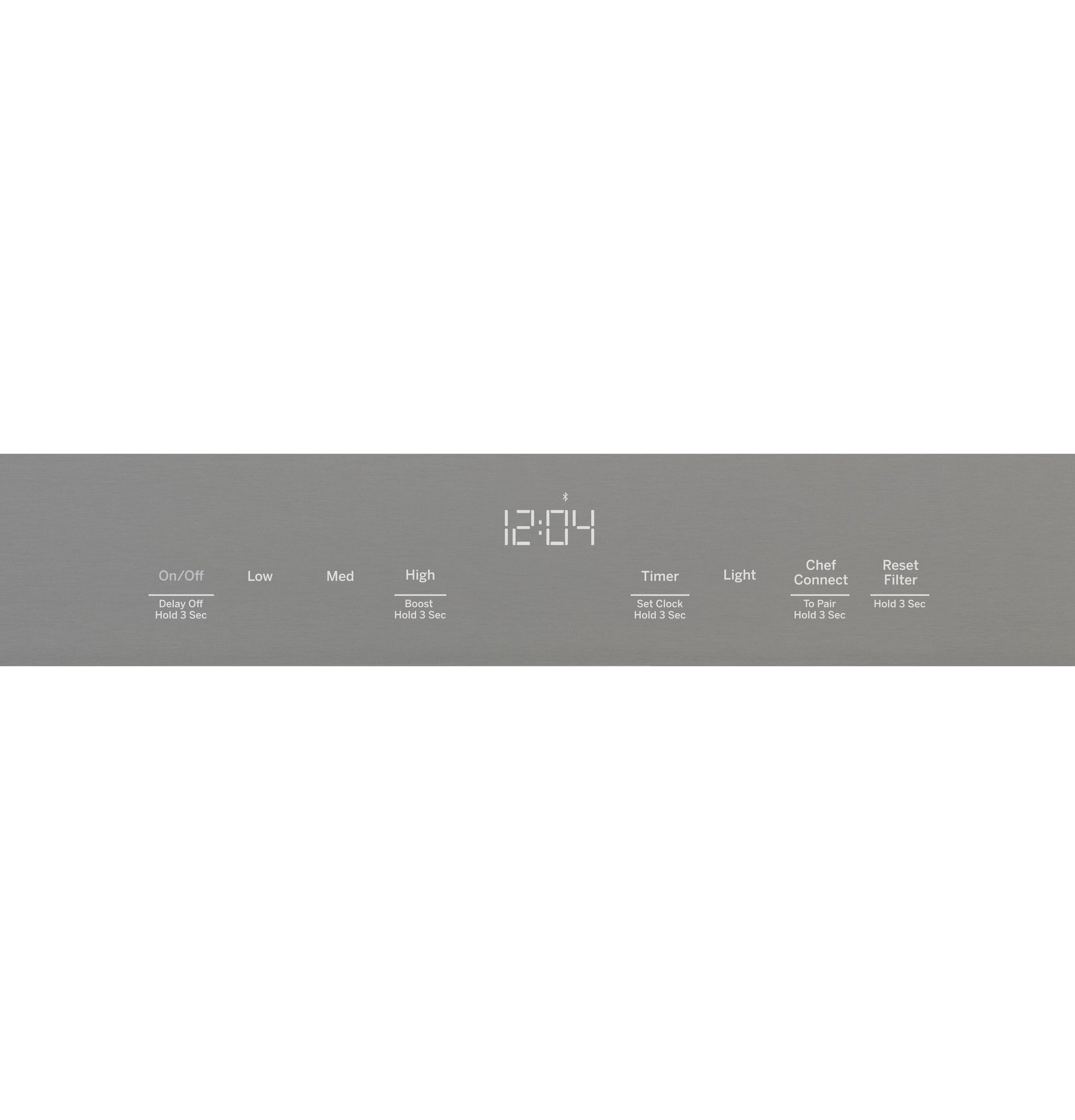 Digital control panel on stainless steel range hood with timer, light, fan speeds, and filter reset functions for kitchen appliances.
