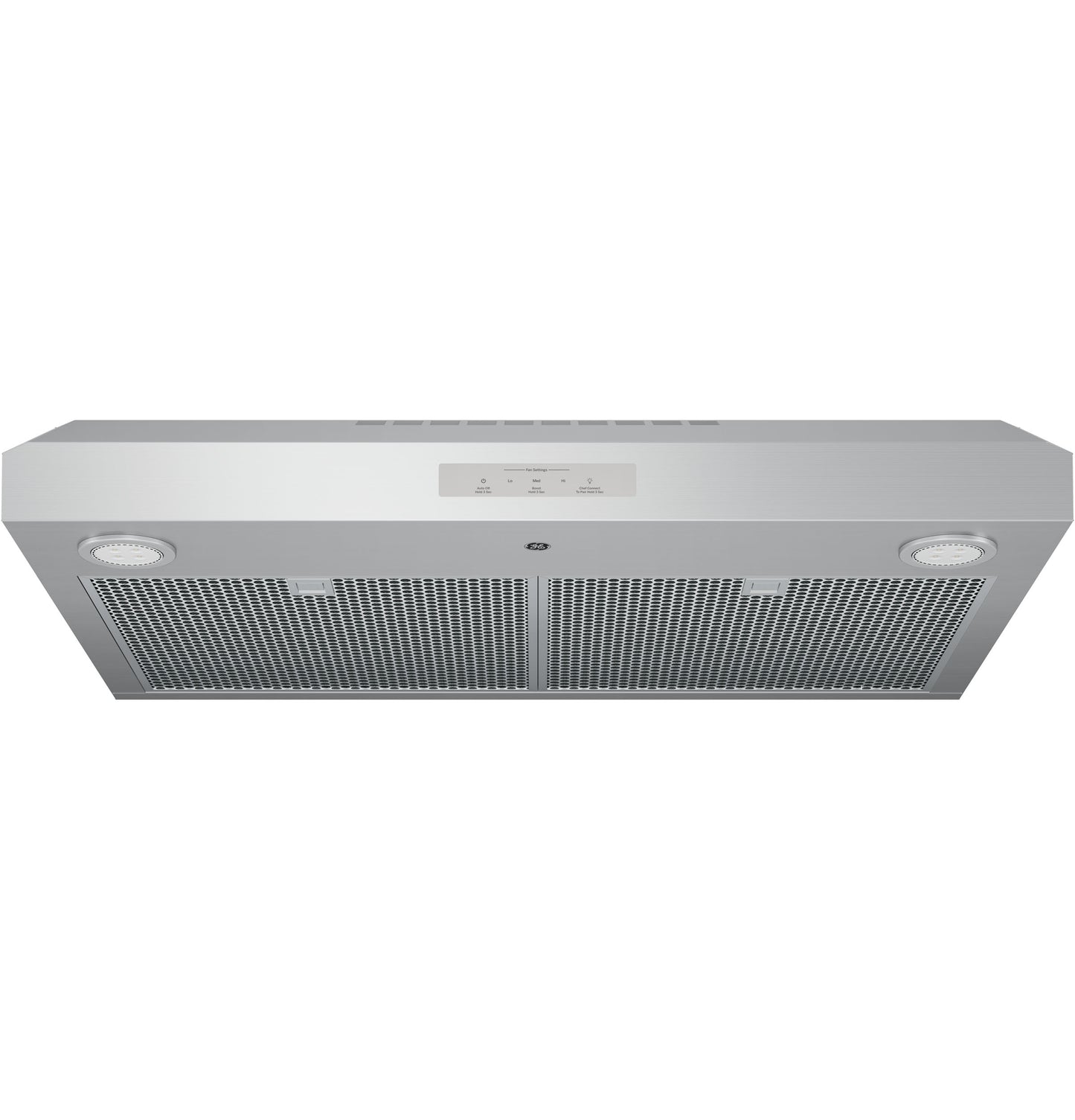Under-cabinet stainless steel ventilation hood with mesh filters and built-in lights in kitchen appliances collection
