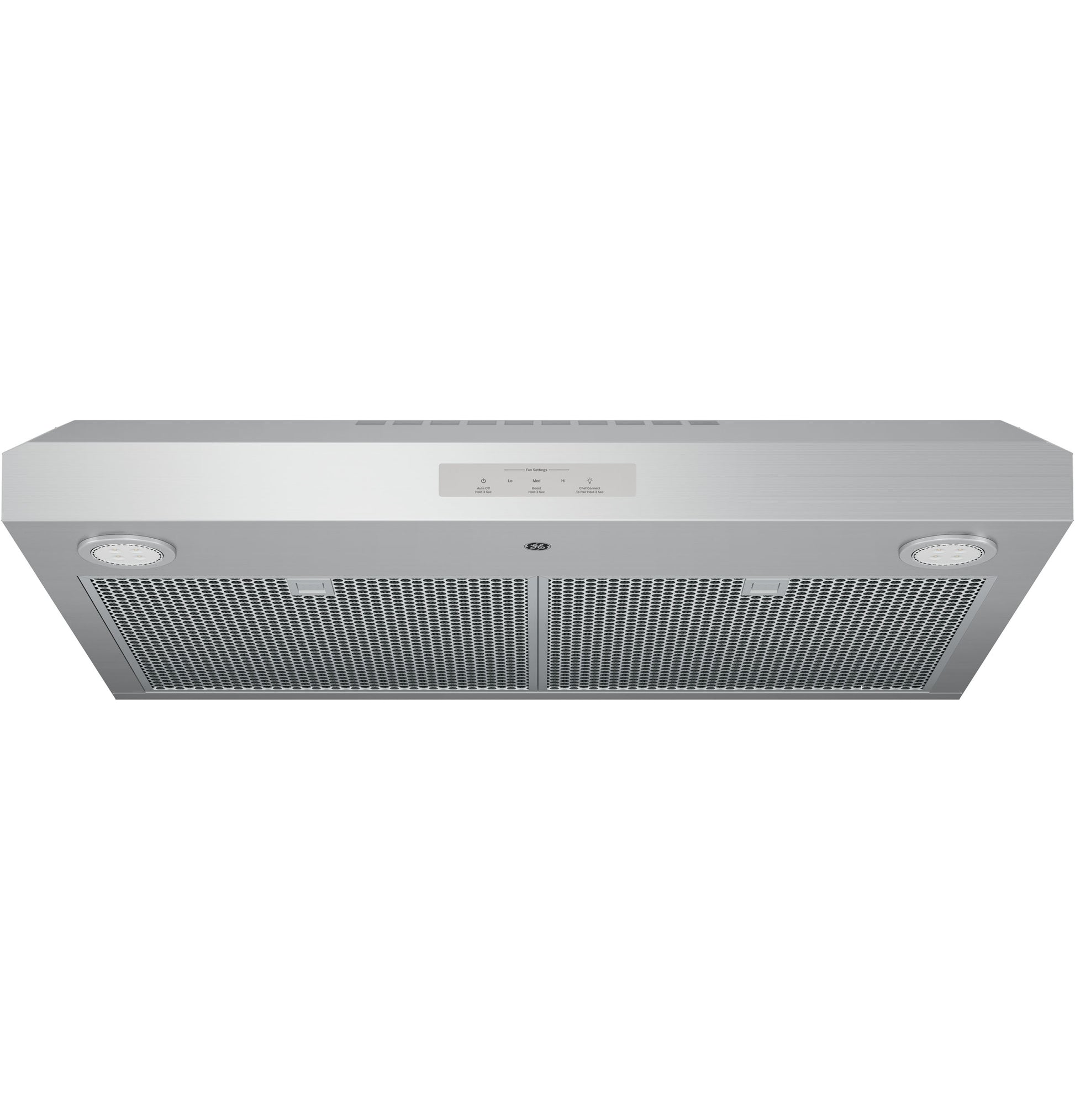 Under-cabinet stainless steel ventilation hood with mesh filters and built-in lights in kitchen appliances collection