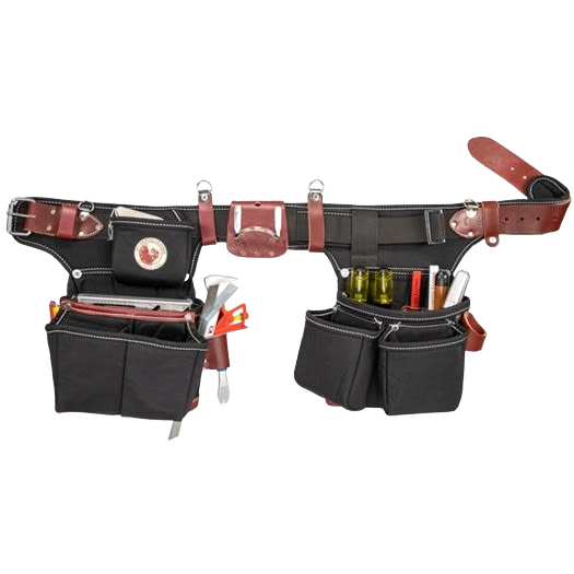 Adjustable black and brown leather framer tool belt with multiple pouches for woodworking and tool storage collections