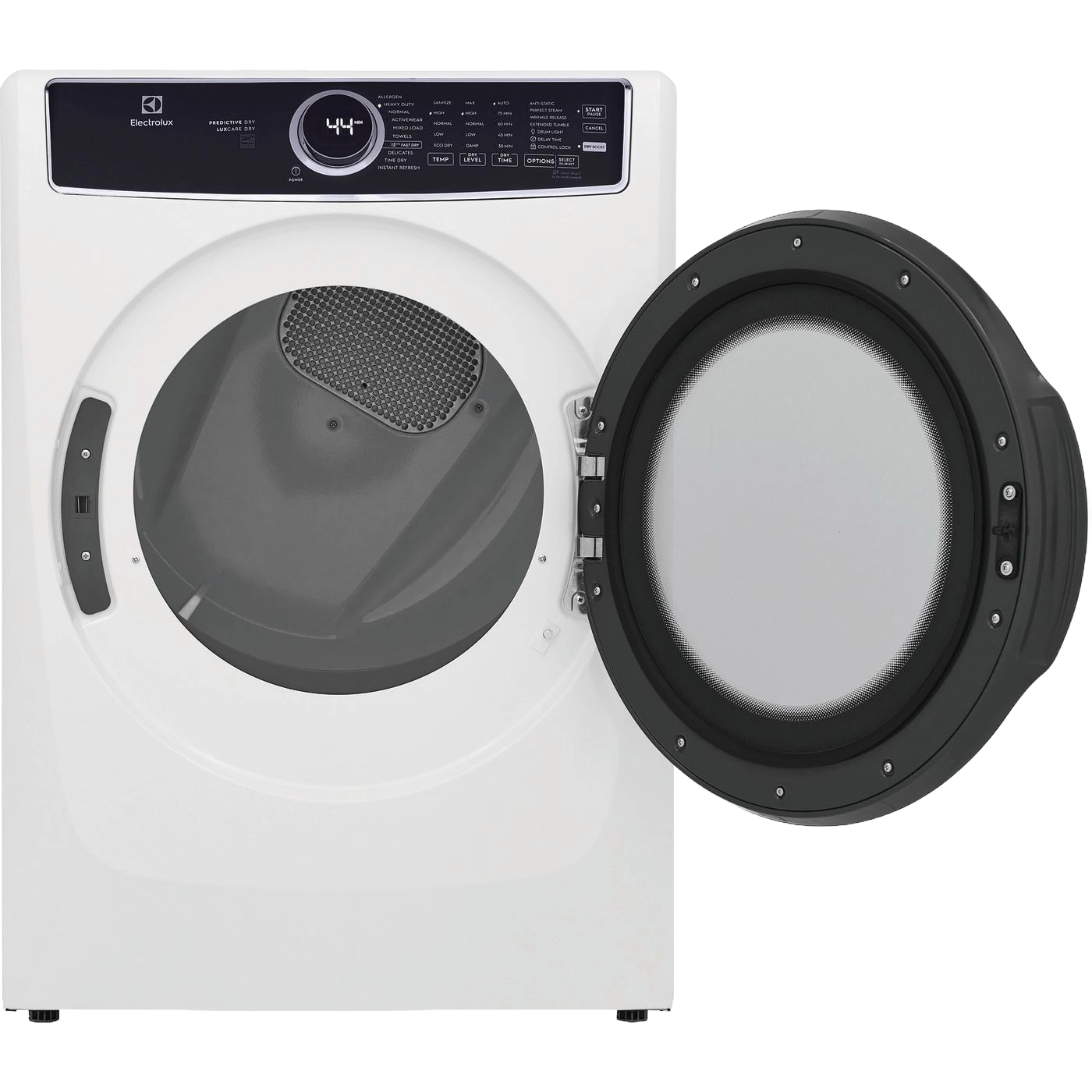 White front load electric dryer with open door, digital display, and moisture sensor from Dryers and Appliances collection