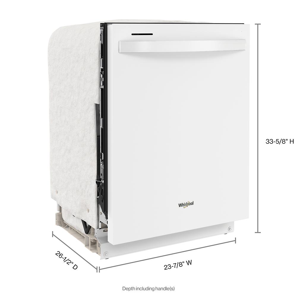 White 24-inch dishwasher with stainless steel handle and Whirlpool branding for kitchen and home improvement collections