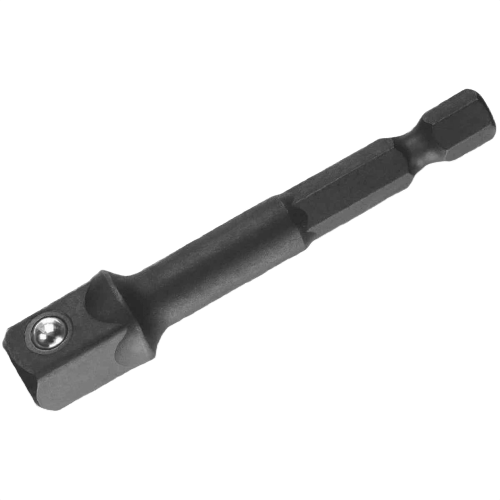 Black impact-ready metal hex shank to square drive adaptor for tools and home improvement tasks