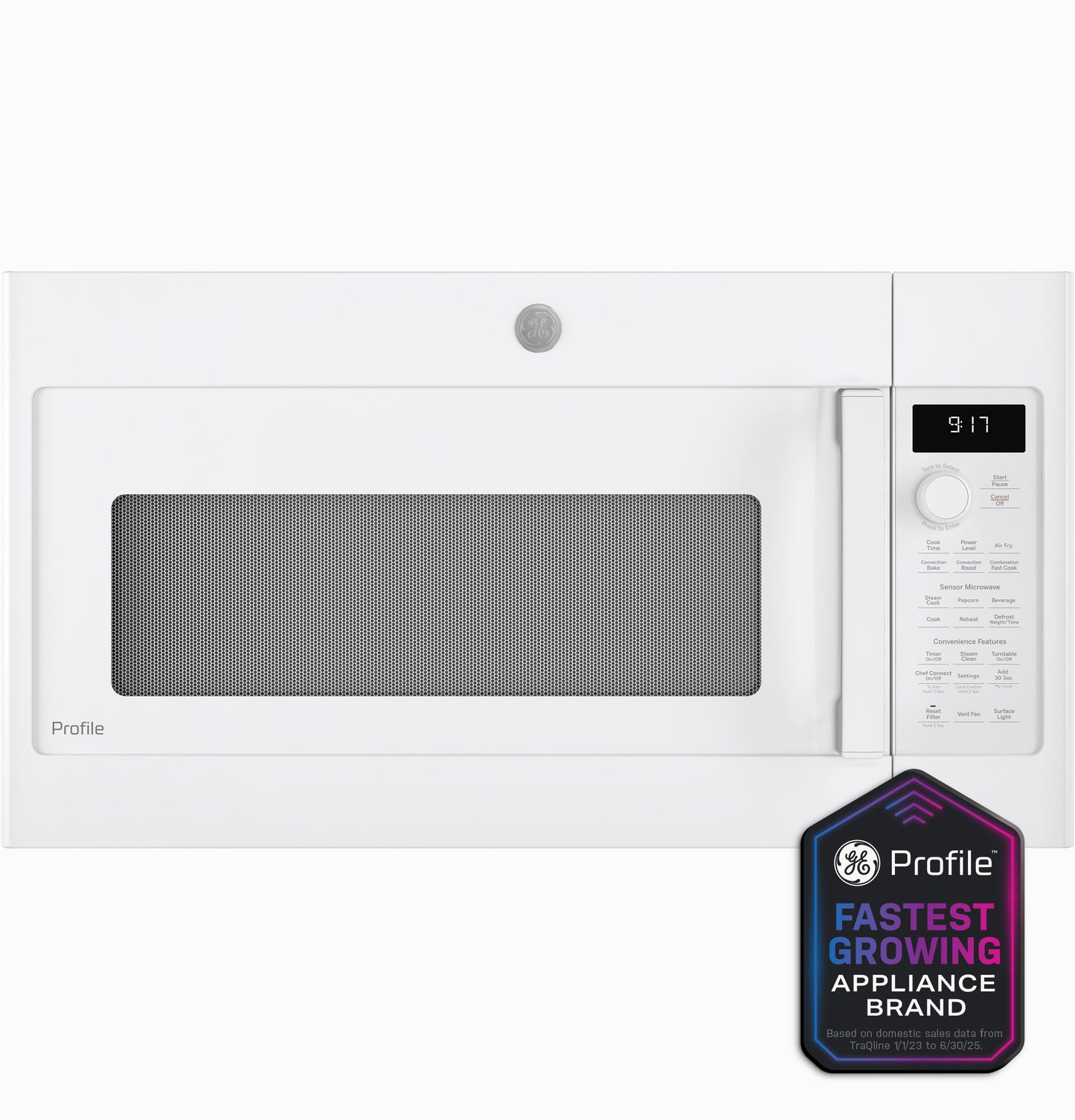 White over-the-range convection microwave with digital display, dial controls, and integrated timer from kitchen appliances collection